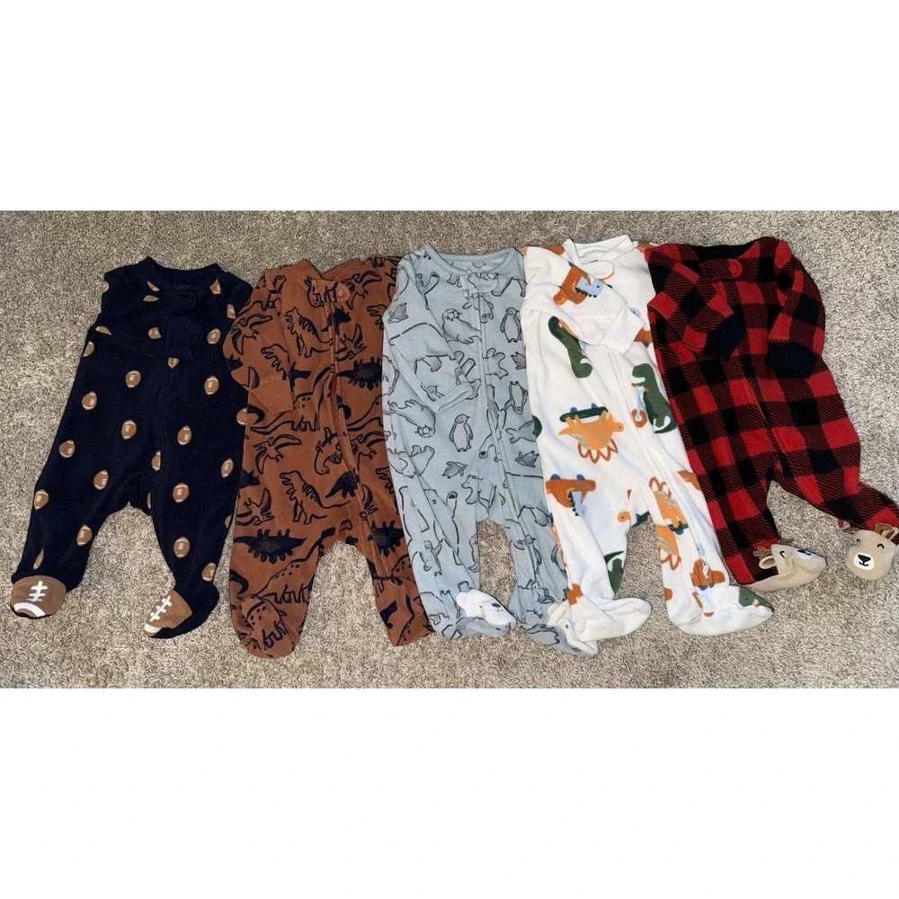 Lot Of 5 Carter's Baby Boy Sleepers Fleece Footed Pajamas 2-NB, (1) 0-3, (2) 3M‎